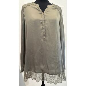 Chico’s Army Green Satiny Blouse with Lace Trim Size 1 (M/8)